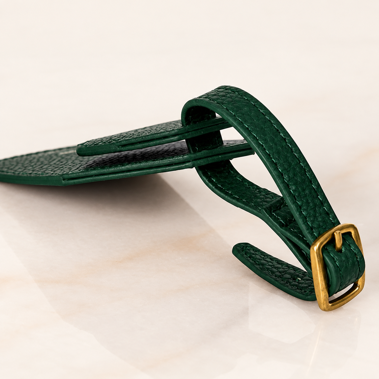 Wayfinder luggage tag — Dark Green — slim side profile and buckle strap — all-groups