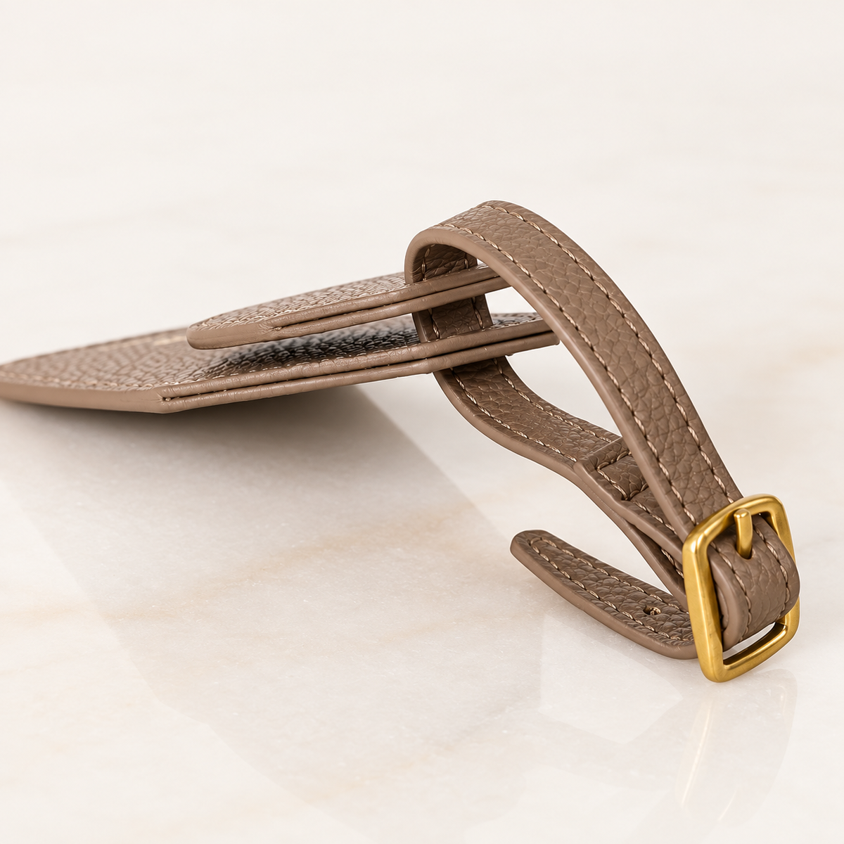 Wayfinder luggage tag — Taupe — slim side profile and buckle strap — all-groups